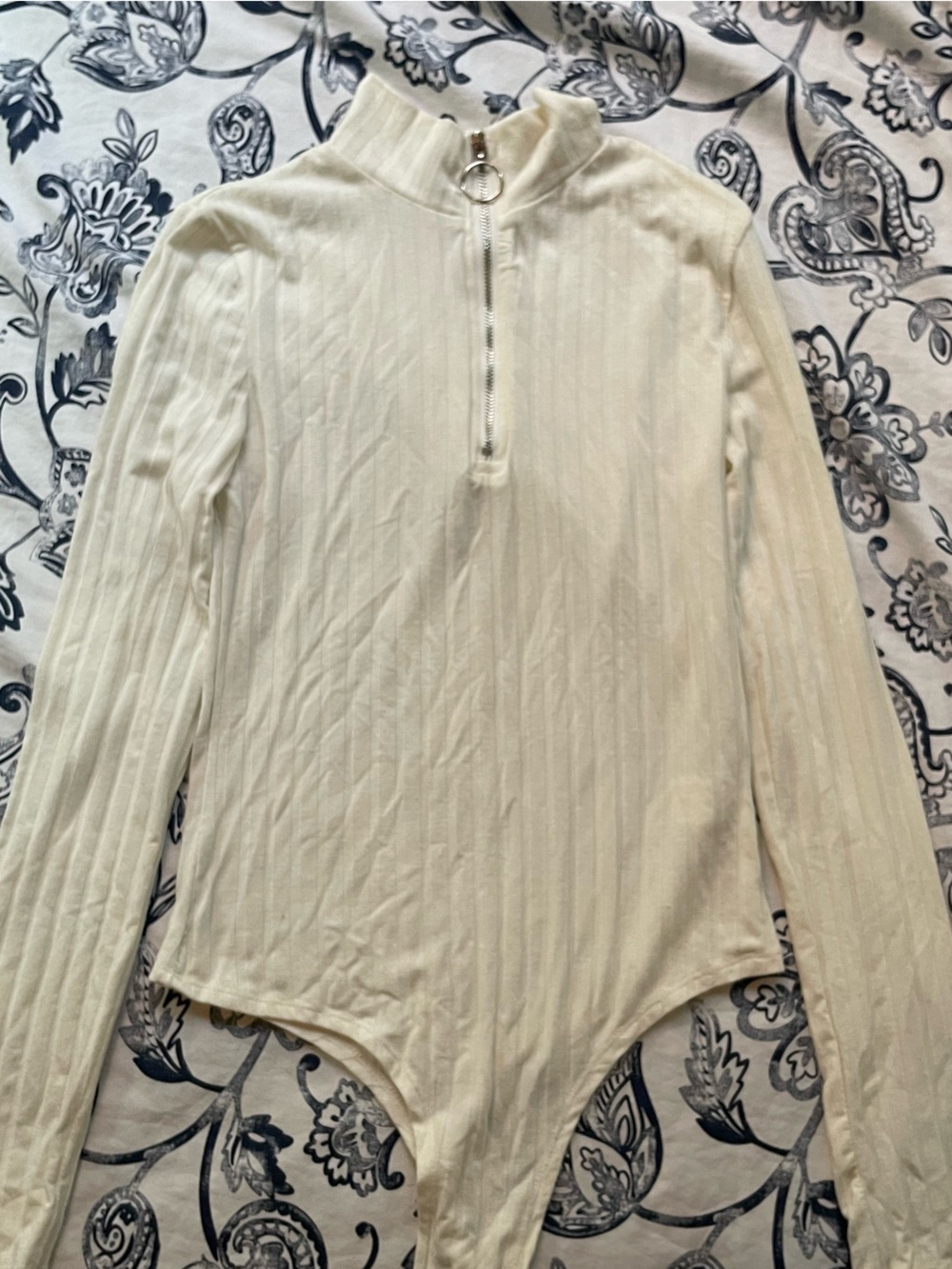 Streetwear Society Cream Ribbed Zip-Front Bodysuit